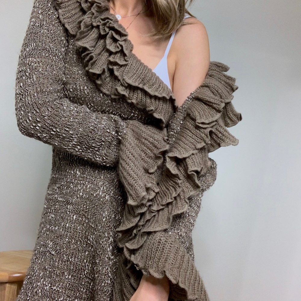 Vintage Ruffled Long Knit Sweater Cardigan